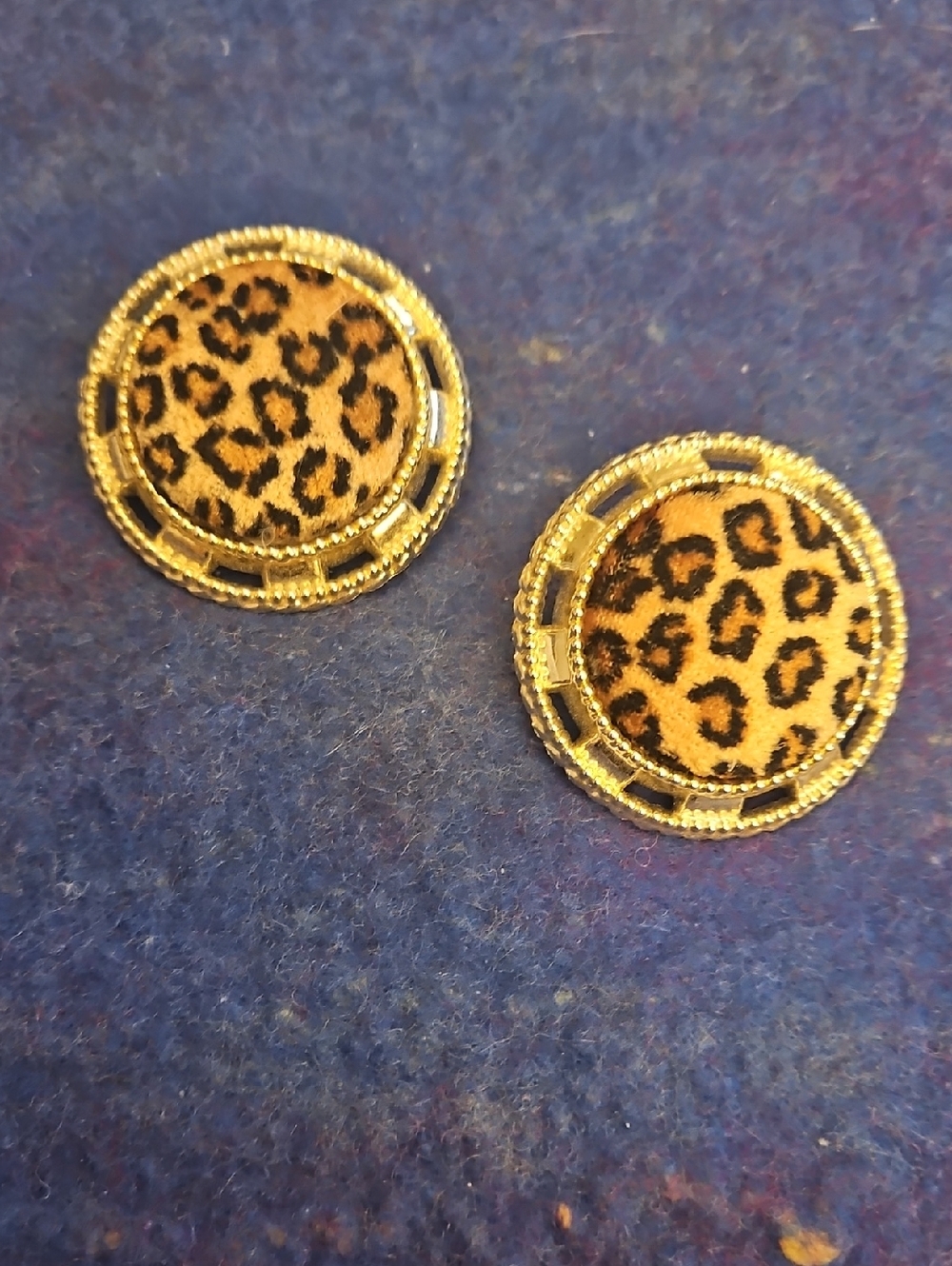 3 For $15 Vintage Gold Leopard Print Round Clip On Earrings.